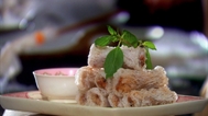 Crisp netted rice paper filled with prawn and taro recipe
